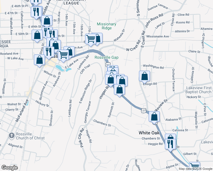 map of restaurants, bars, coffee shops, grocery stores, and more near 795 Chickamauga Avenue in Rossville