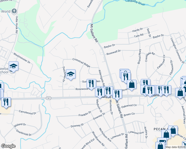 map of restaurants, bars, coffee shops, grocery stores, and more near 2152 Belle Chase Drive in Rock Hill