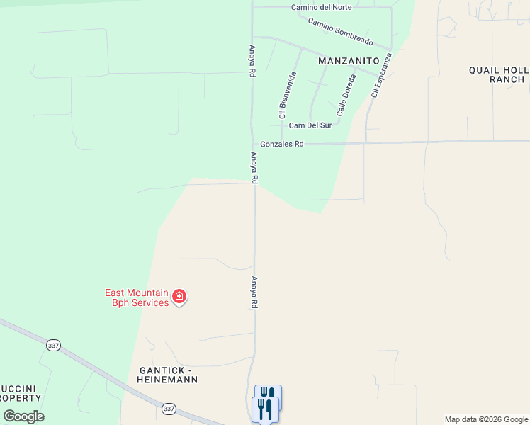 map of restaurants, bars, coffee shops, grocery stores, and more near 108 Anaya Road in Tijeras