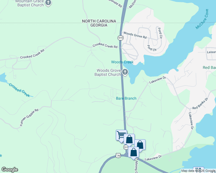 map of restaurants, bars, coffee shops, grocery stores, and more near 166 Meadow Brooke Lane in Young Harris
