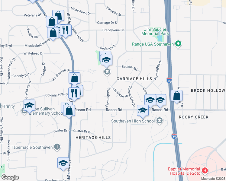 map of restaurants, bars, coffee shops, grocery stores, and more near 1233 Claiborne Drive in Southaven
