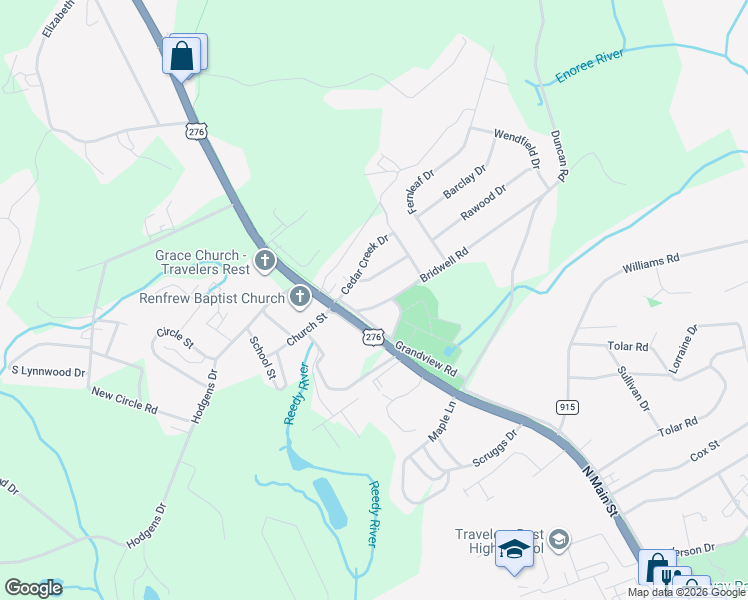 map of restaurants, bars, coffee shops, grocery stores, and more near 4 Bubbling Creek Drive in Travelers Rest