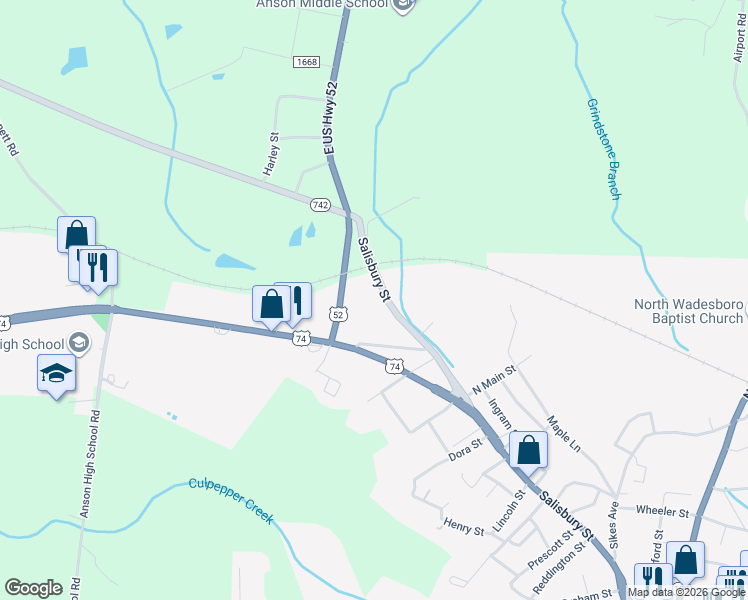 map of restaurants, bars, coffee shops, grocery stores, and more near 1221 Salisbury Street in Wadesboro