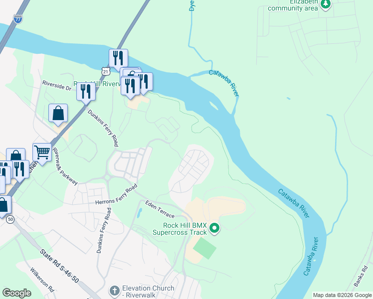 map of restaurants, bars, coffee shops, grocery stores, and more near 830 Herrons Ferry Road in Rock Hill