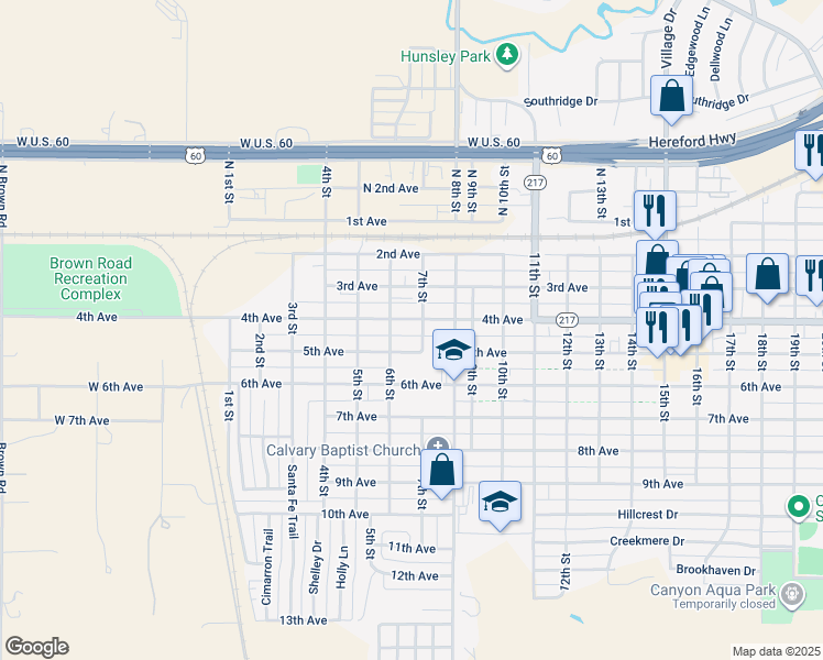 map of restaurants, bars, coffee shops, grocery stores, and more near 601 4th Avenue in Canyon