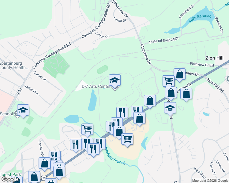 map of restaurants, bars, coffee shops, grocery stores, and more near 2250 East Main Street in Spartanburg