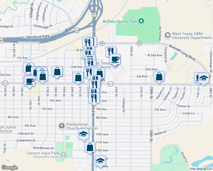 map of restaurants, bars, coffee shops, grocery stores, and more near 2323 4th Avenue in Canyon