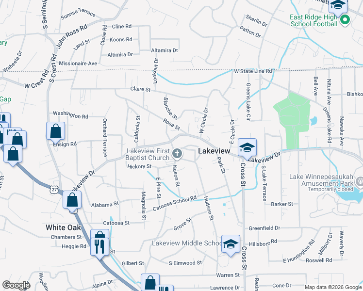 map of restaurants, bars, coffee shops, grocery stores, and more near 730 Lakeview Drive in Rossville
