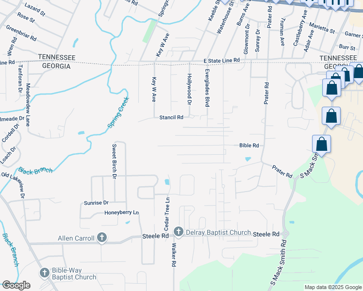 map of restaurants, bars, coffee shops, grocery stores, and more near 223 Trace Lane in Rossville