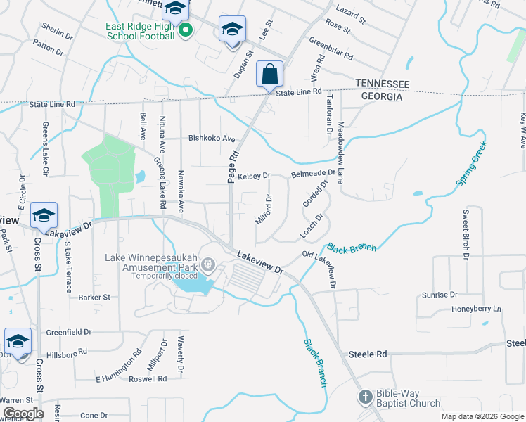 map of restaurants, bars, coffee shops, grocery stores, and more near 101 Milford Drive in Rossville