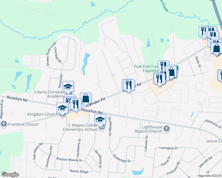 map of restaurants, bars, coffee shops, grocery stores, and more near 6126 Camden Road in Fayetteville