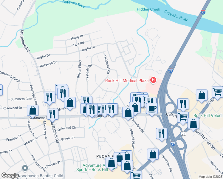 map of restaurants, bars, coffee shops, grocery stores, and more near 1445 Farmview Place in Rock Hill