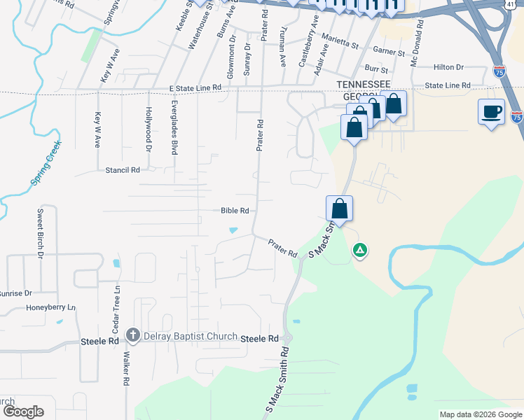 map of restaurants, bars, coffee shops, grocery stores, and more near 306 Prater Road in Rossville