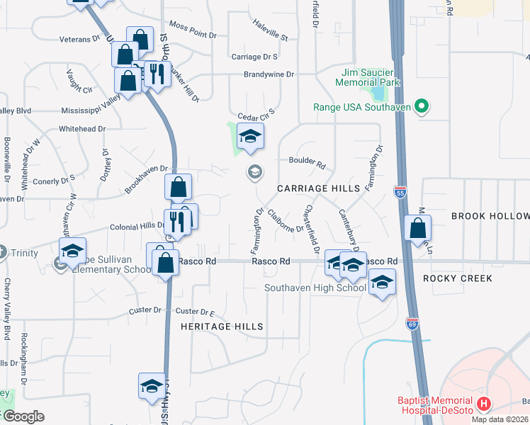 map of restaurants, bars, coffee shops, grocery stores, and more near 8225 Claiborne Drive in Southaven
