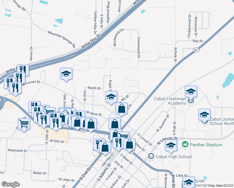 map of restaurants, bars, coffee shops, grocery stores, and more near 413 Eagle Street in Cabot