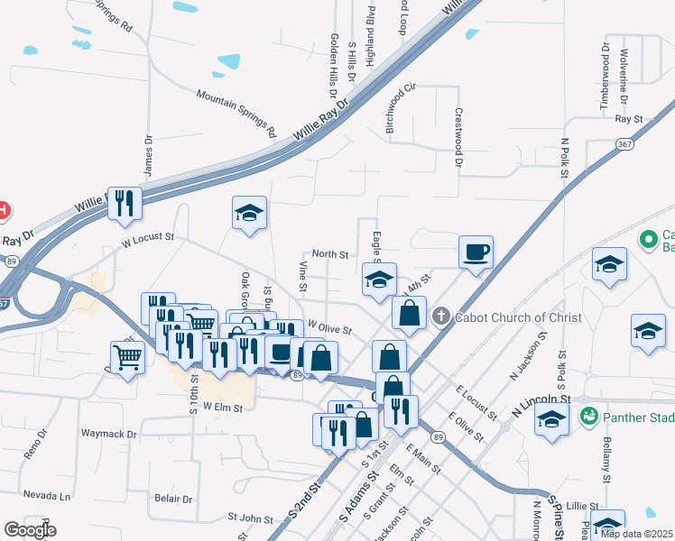 map of restaurants, bars, coffee shops, grocery stores, and more near 412 Cleveland Street in Cabot