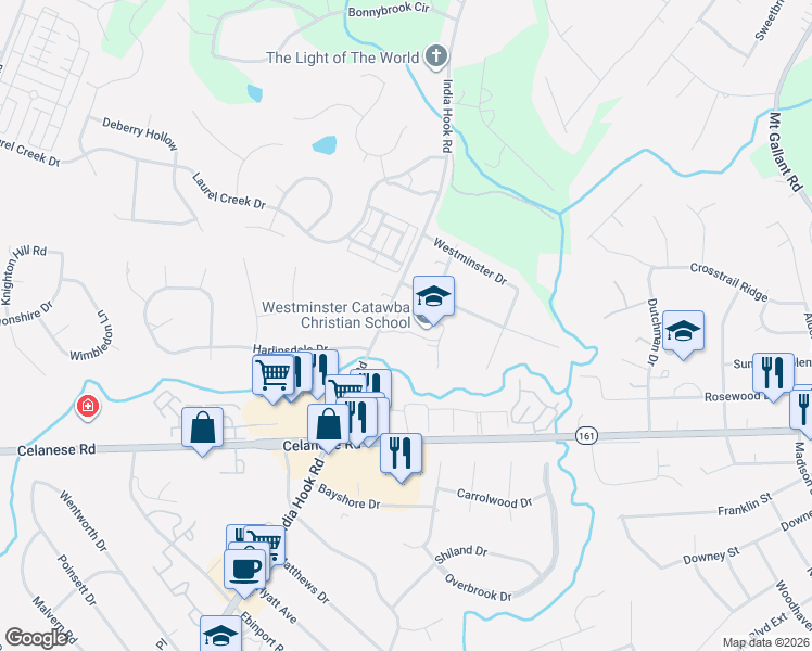 map of restaurants, bars, coffee shops, grocery stores, and more near 2650 India Hook Road in Rock Hill
