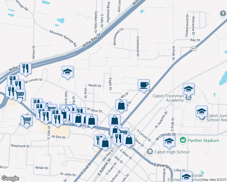 map of restaurants, bars, coffee shops, grocery stores, and more near 413 Eagle Street in Cabot