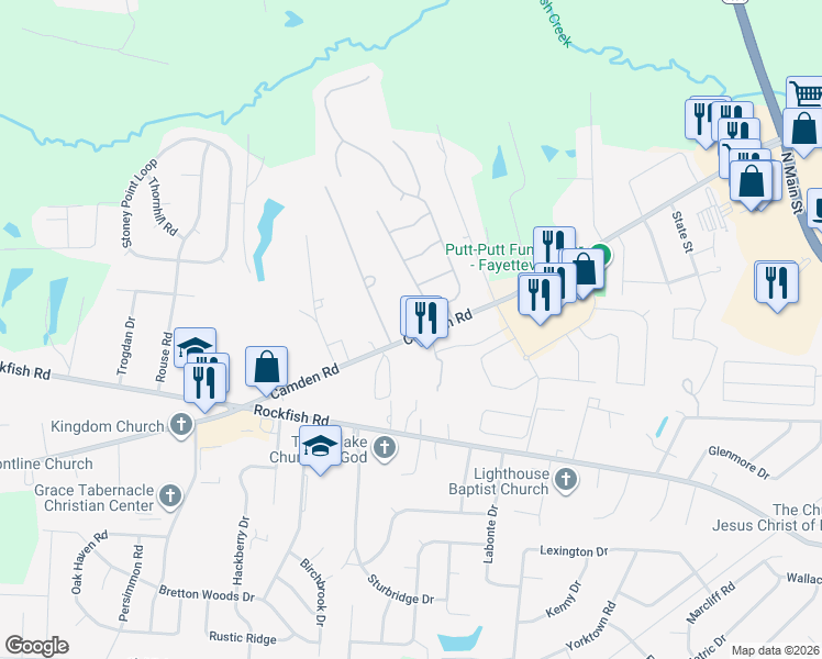map of restaurants, bars, coffee shops, grocery stores, and more near 6050 Camden Road in Fayetteville