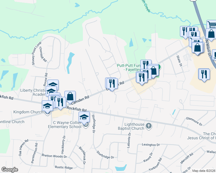 map of restaurants, bars, coffee shops, grocery stores, and more near 6050 Camden Road in Fayetteville