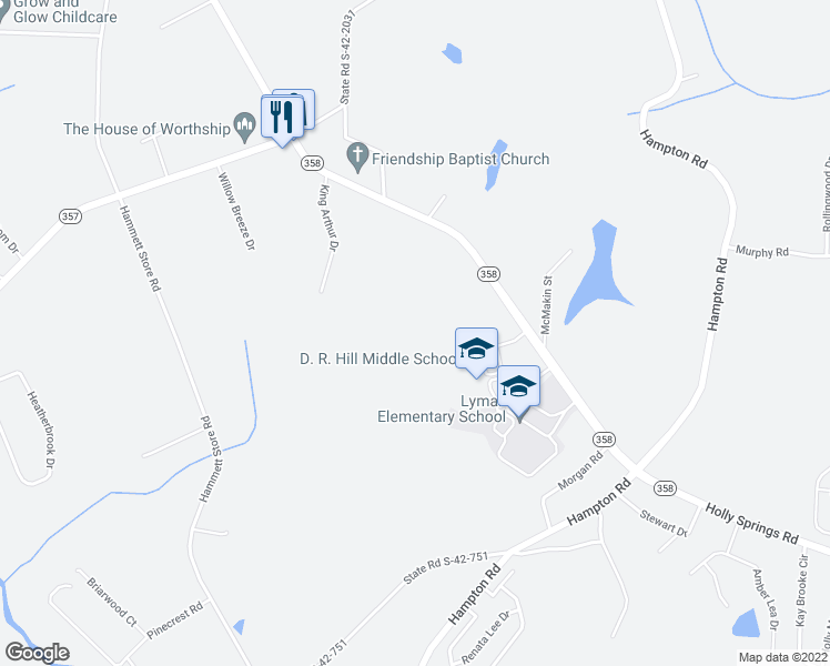 map of restaurants, bars, coffee shops, grocery stores, and more near 1501 Holly Springs Road in Lyman