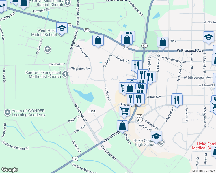 map of restaurants, bars, coffee shops, grocery stores, and more near 440 College Drive in Raeford