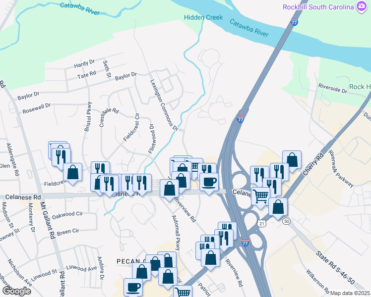 map of restaurants, bars, coffee shops, grocery stores, and more near Riverchase Boulevard in Rock Hill