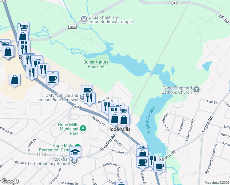 map of restaurants, bars, coffee shops, grocery stores, and more near 5615 Duncan Street in Hope Mills