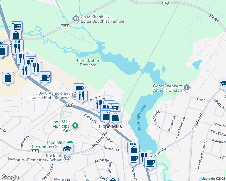 map of restaurants, bars, coffee shops, grocery stores, and more near 5615 Duncan Street in Hope Mills