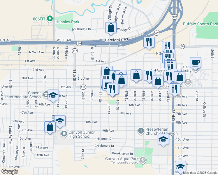 map of restaurants, bars, coffee shops, grocery stores, and more near in Canyon