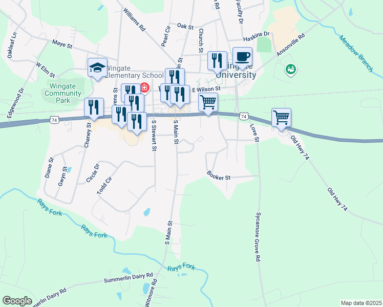 map of restaurants, bars, coffee shops, grocery stores, and more near 209 South Main Street in Wingate