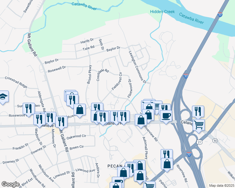 map of restaurants, bars, coffee shops, grocery stores, and more near 1557 Fieldcrest Circle in Rock Hill