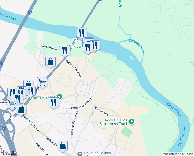 map of restaurants, bars, coffee shops, grocery stores, and more near Herrons Ferry Road in Rock Hill