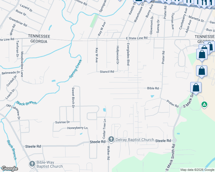map of restaurants, bars, coffee shops, grocery stores, and more near 289 Trace Lane in Rossville