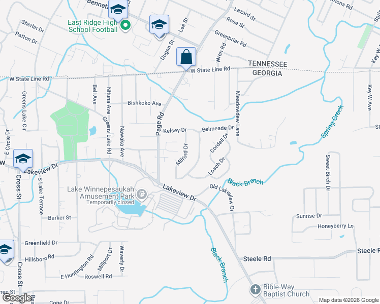 map of restaurants, bars, coffee shops, grocery stores, and more near 101 Milford Drive in Rossville