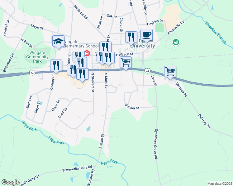 map of restaurants, bars, coffee shops, grocery stores, and more near 209 South Main Street in Wingate