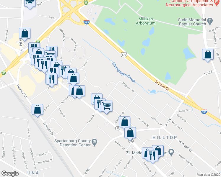 map of restaurants, bars, coffee shops, grocery stores, and more near 678 Jeff Davis Drive in Spartanburg
