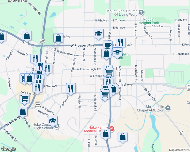 map of restaurants, bars, coffee shops, grocery stores, and more near West Elwood Avenue in Raeford