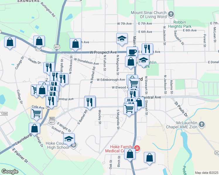 map of restaurants, bars, coffee shops, grocery stores, and more near West Elwood Avenue in Raeford