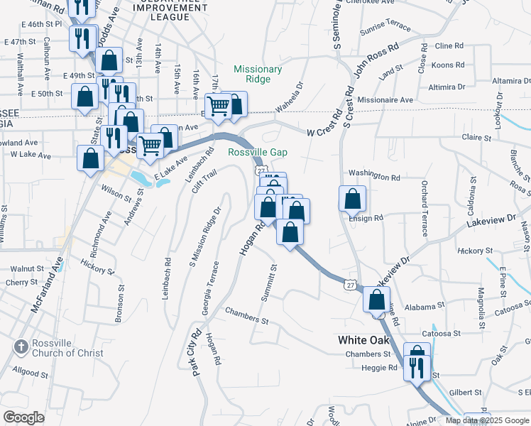 map of restaurants, bars, coffee shops, grocery stores, and more near 795 Chickamauga Avenue in Rossville