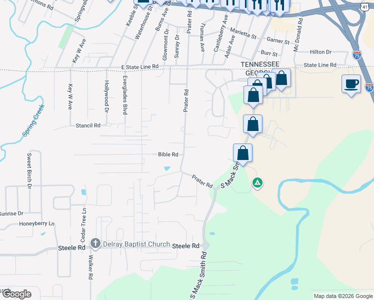 map of restaurants, bars, coffee shops, grocery stores, and more near 306 Prater Road in Rossville
