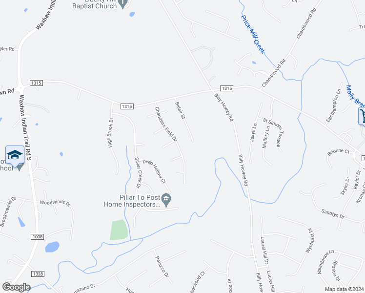 map of restaurants, bars, coffee shops, grocery stores, and more near 1309 Chandlersfield Drive in Waxhaw