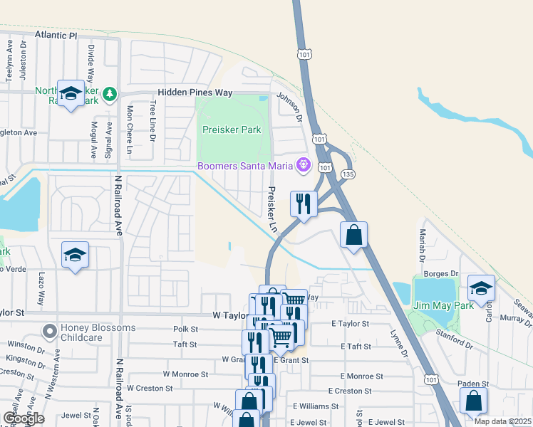 map of restaurants, bars, coffee shops, grocery stores, and more near 2190 Preisker Lane in Santa Maria