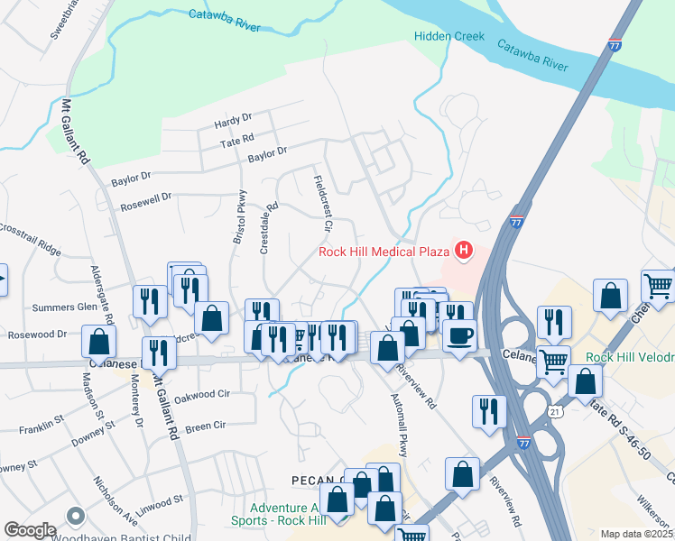 map of restaurants, bars, coffee shops, grocery stores, and more near 1445 Farmview Place in Rock Hill