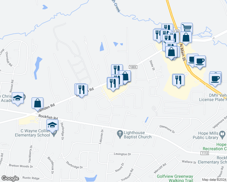 map of restaurants, bars, coffee shops, grocery stores, and more near 3351 Birchfield Court in Fayetteville
