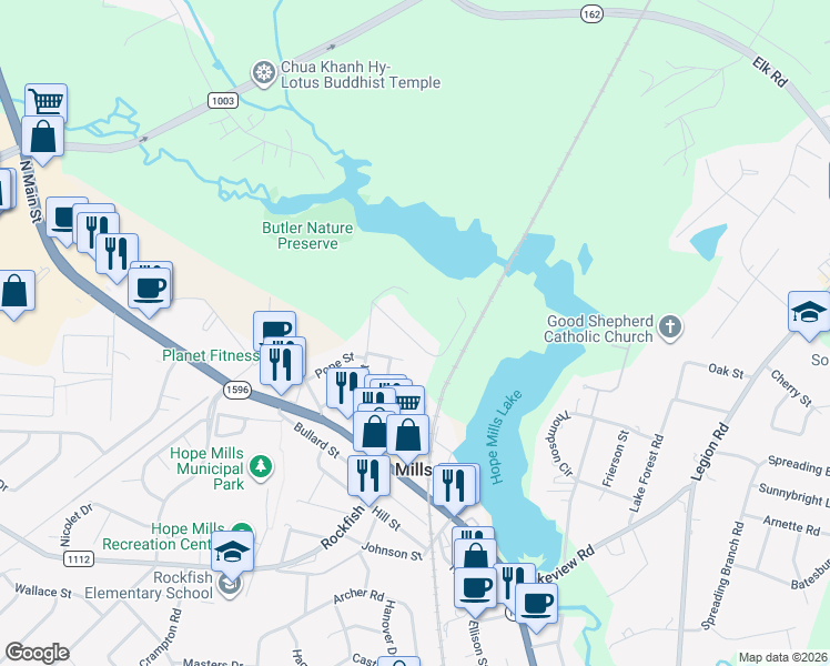 map of restaurants, bars, coffee shops, grocery stores, and more near 3325 Forest Lake Drive in Hope Mills
