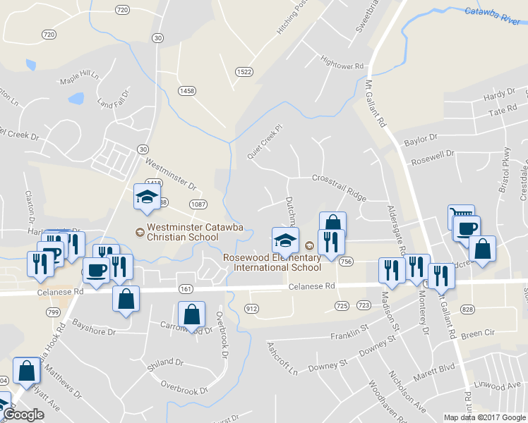 map of restaurants, bars, coffee shops, grocery stores, and more near 2099 Dutchman Drive in Rock Hill