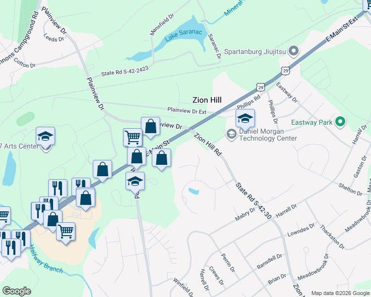 map of restaurants, bars, coffee shops, grocery stores, and more near 2795 East Main Street in Spartanburg