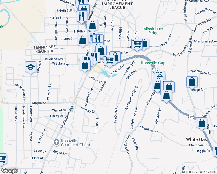 map of restaurants, bars, coffee shops, grocery stores, and more near 305 Missionary Avenue in Rossville