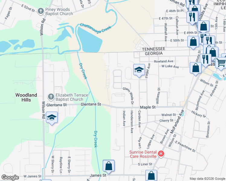 map of restaurants, bars, coffee shops, grocery stores, and more near 267 Glenn Wade Drive in Rossville